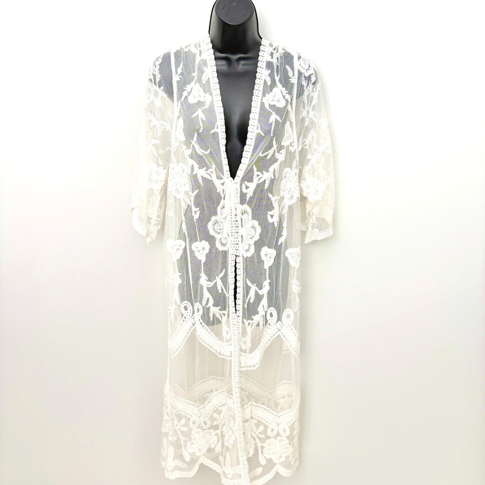 Mi Ami Kimono Duster Floral Lace Sheer Coverup L/XL White